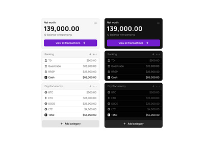 Net Worth Dashboard – Light & Dark Mode bankingapp darkmodeui dashboarddesign financeui fintechdesign lightmodeui minimalui ui ui design ux ux design