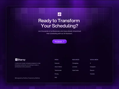 Starvy - AI SaaS Website Call to Action (CTA) agenda ai appointment button cta dark design footer gradient landing page management meeting purple saas schedule shortlink ui ux website work