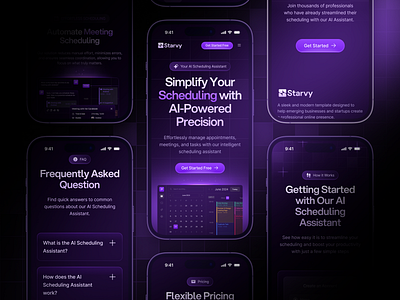 Starvy - AI SaaS Website Mobile Responsive accordion ai appointment calendar dark design gradient hero landing page management meeting mobile responsive organize plan purple saas schedule ui ux website work