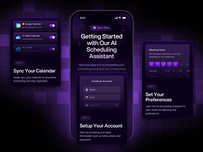 Starvy - AI SaaS Website How It Work Mobile Responsive agenda ai artificial intelligence assistant bento card business dark gradient how it works landing page meeting organize plan purple saas schedule service step ui ux website