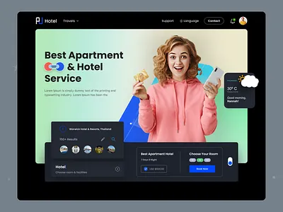 Hotel Booking Landing Page Dark UI appartment service design homepage hotel interface landing page online hotel booking resort top hotel tourist travel agency uiux vacation rental web design website design website ui