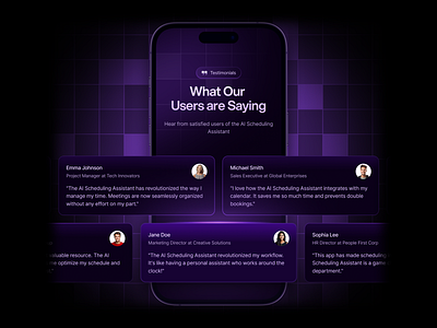 Starvy - AI SaaS Website Testimonial Mobile Responsive agenda ai appointment assistant business card dark gradient landingpage management meeting plan purple responsive saas schedule testimonials ui ux website work