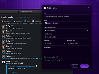 Starvy - AI SaaS Slack Integration agenda ai appointment assistant business dark form gradient integration landingpage management meeting saas schedule service slack textfield ui ux website work