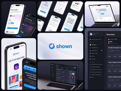 Shown AI · Case Study ad creatives ads ads manager ai analytics billing branding campaigns case study dark dark mode design system list marketing dashboard navigation purple saas social media social media design visual identity