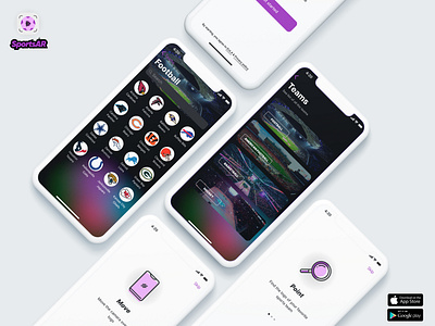 SportsAR mobile app for fans using AR branding dailyui dark app dark theme dark ui design dribbble entertainment launch minimal mobile app mobile app design mobile ui mockup modern onboarding sports sports logo ui white