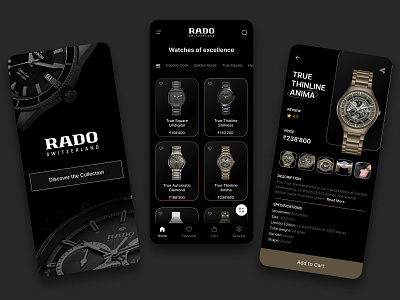Watch Application UI (Dark Theme Version) black button dark dark app dark ui design ecommerce ecommerce app filter icon minimal mobile app mobile app design rado typogaphy ui watch watchapp