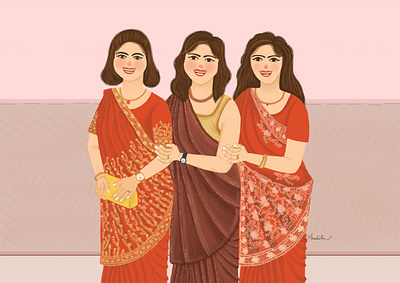 Celebrating Friendship beautiful beauty costume friends friends illustration friendship friendship day girls girlsillustration illustration indian culture ladies ladies night makeup party red saree traditional traditional illustration women