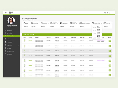 Daily Time Records Page - Employee Management System admin panel daily time records page dtr employee management employee management tool hr tool payroll system time records ui web app web design