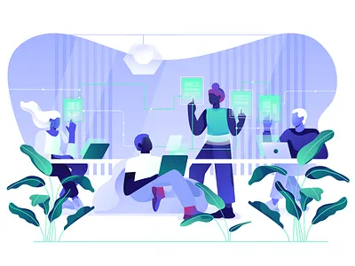 Tech Team art character flat gradient illustration laptop work team vector