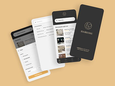 Hairesse - Luxury Booking System UI adobe xd app booking clean design clean ui dailyui design elegant gold hair salon hairdresser illustration luxurious luxury luxury design minimal mobile search ui ux