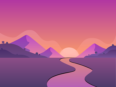 Sunset adobexd blur colour design dribbble gradient gradients graphic design hills illustration land mountain mountains purple river sky sun sunset trees