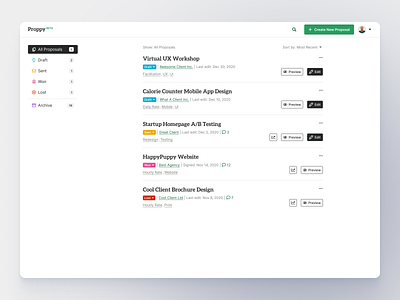 Proppy - Dashboard analytics clean clients dashboard documents draft freelancer inbox list management projects proposals state tool ui ux web app