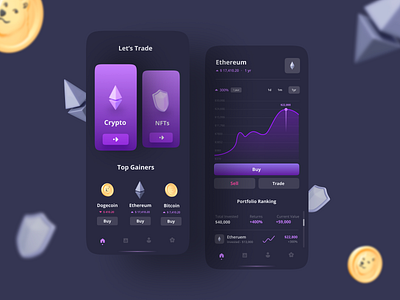 Crypto + NFT Exchange Concept bitcoin crypto crypto exchange crypto trade crypto wallet cryptocurrency dark theme dogecoin ethereum investment portfolio product design trading app uiux wallet