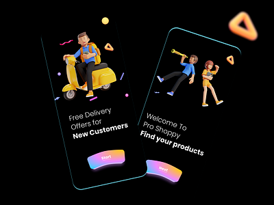 App onboarding design 2021 design 3d customer dark dark ui delivery ecommerce ecommerce app ecommerce design finding page intro screen onboarding ui shoping typography ux