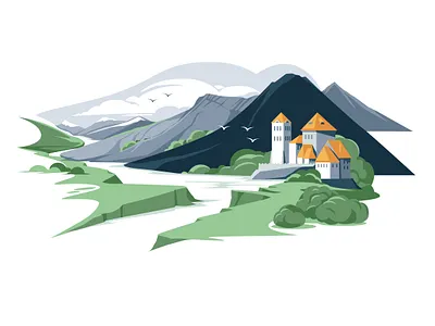landscape architecture castle cold pallete flat green illustration landscape mountain river roman style sky vector vector artwork