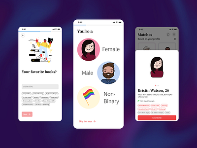 Interest Matching App animation app dark ui design login register vector wizard