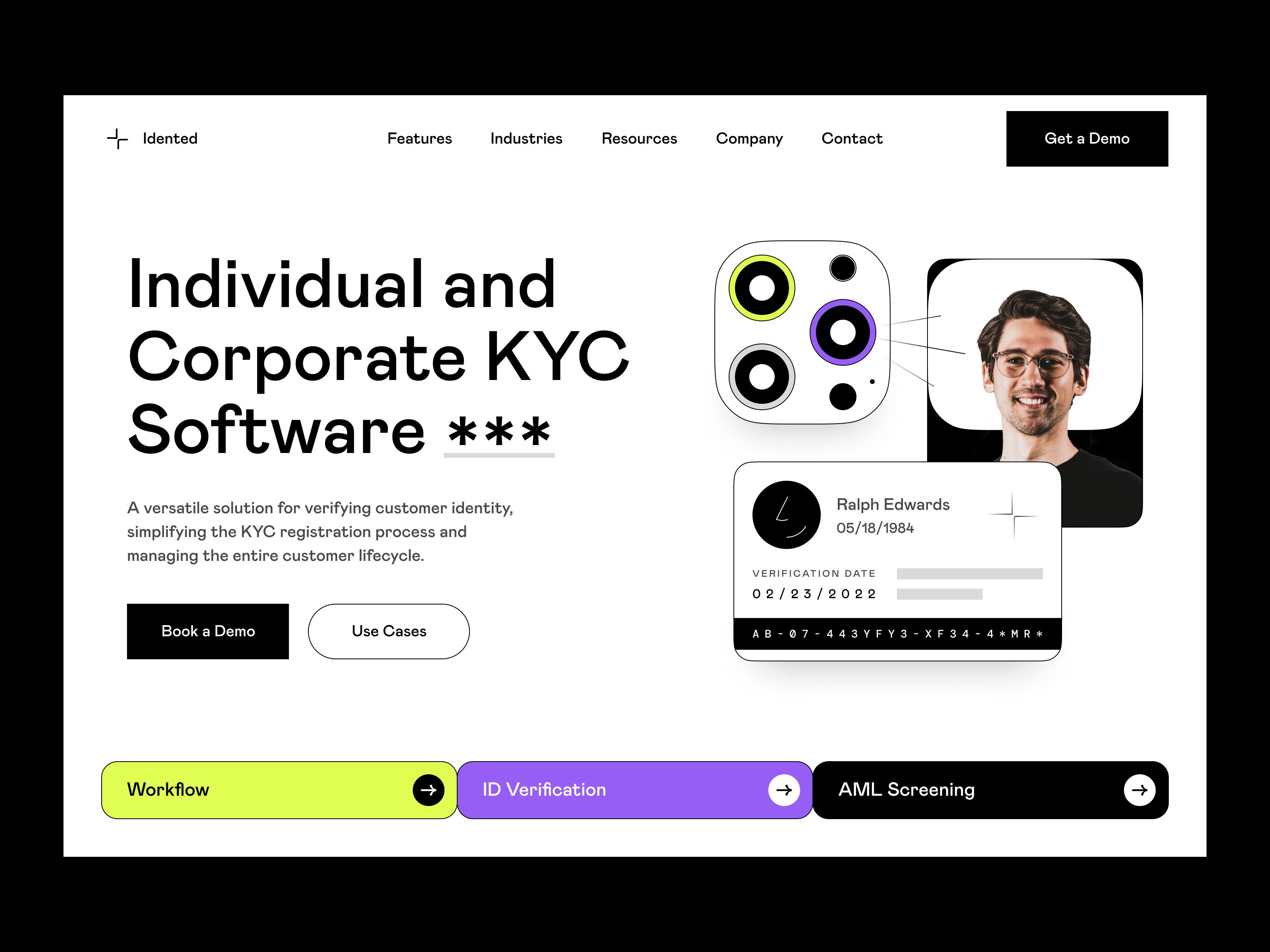idented: web, hero section, landing, branding, identity, kyc aml customer cyber security documents hero id identity kyc landing page lifecycle privacy process protect screening security tool verification visual identity web design web page workflow