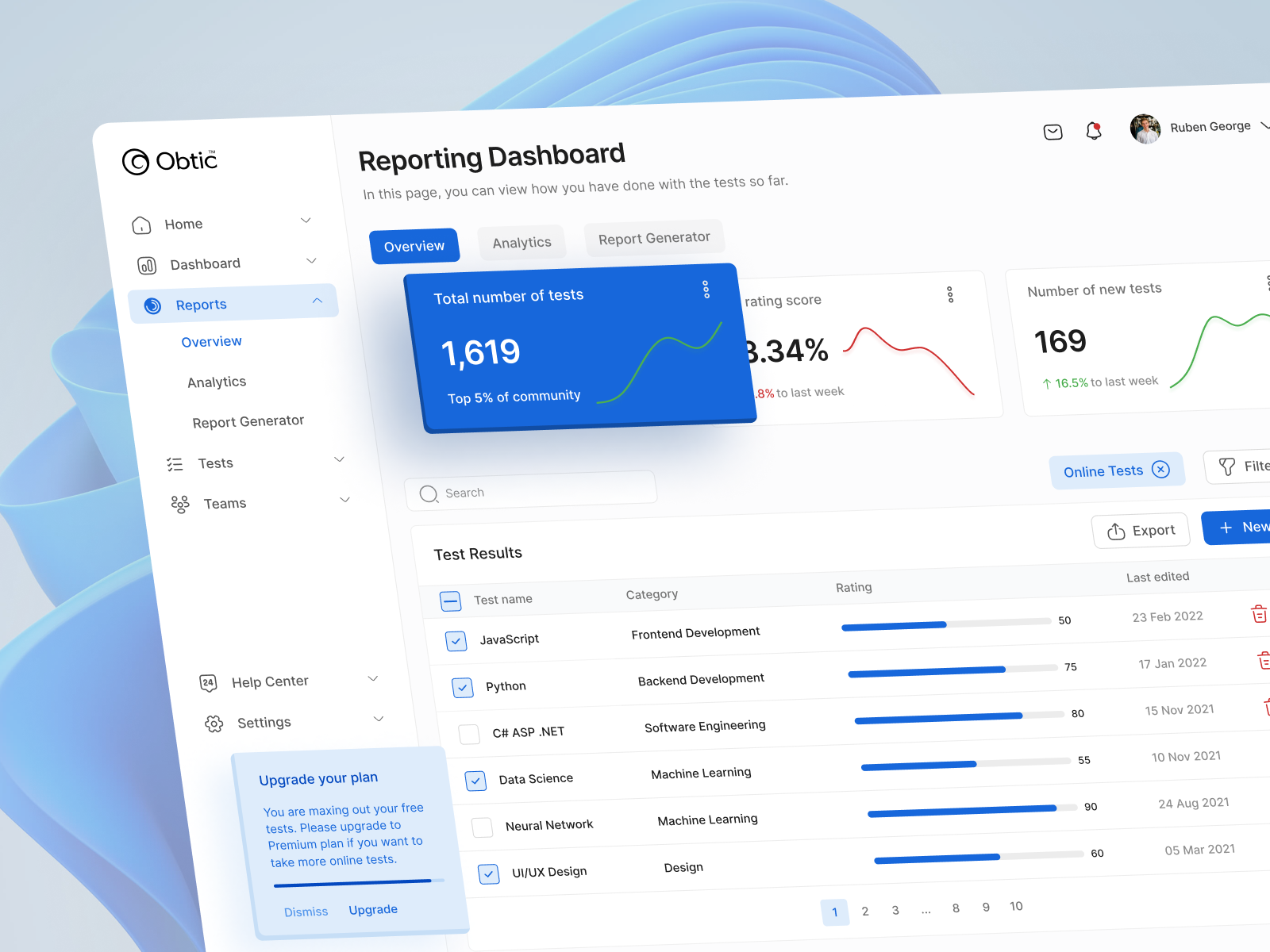 Obtic™ Test - An Online Testing Platform analytics app chart dashboard design figma filter minimal product product design sidebar table tabs ui user experience user interface ux visual design web website