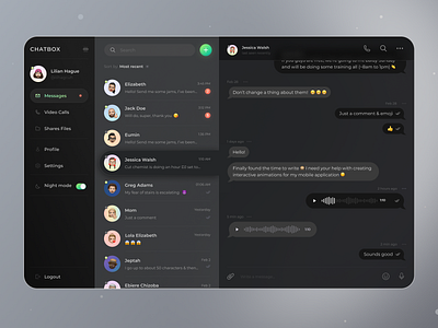 Direct Messaging app 💬 / DailyUI012 app blur chat chat app chatting colorblur daily ui dailyui dailyuichallenge dark dark app dark mode dark theme dark ui design glassmorphism gradient message message app messager