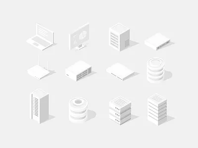 Isometric devices - White on white computer database device illustration isometric laptop router screen server vector white