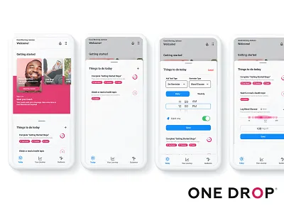 One Drop Today Exploration app design dropdown healthcare messaging minimal mobile app mobile design mobile ui navigation navigation bar navigation menu tab to do