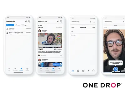 One Drop Community Experience Exploration comment community list mail messaging minimalist mobile app mobile design mobile ui navigation post posting social tab video