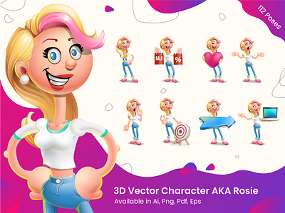 3D Cartoon Girl Character - 112 Illustrations Set 3d blonde cartoon character cute design female fit girl graphic grpahic hair illustration jeans pretty set skinny tshirt vector