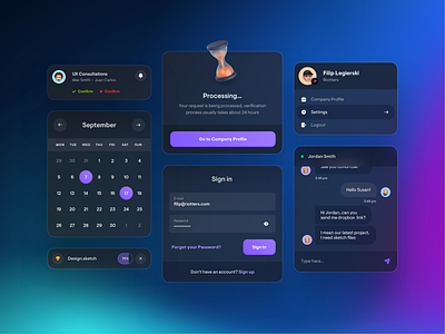 UI Elements - Dark 3d calendar chat clean dark dark mode icon manager mobile popup process profile purple shadow sign in tablet task ui upload ux