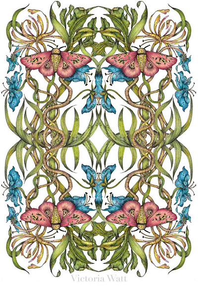 Symmetrical Moths Botanical Illustration blue botanical drawing green illustrated illustration insect intricate leaves maximalism maximalist moth nature pencil plants