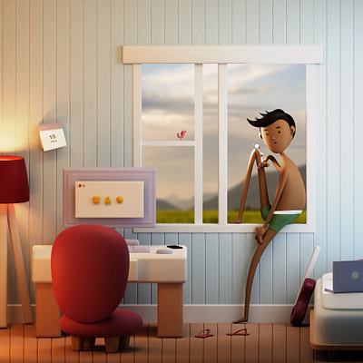 Time for a break 3d 3d modeling bed bird blender boy chair character lamp mac men minimal monitor myroom night mode room smoke table uke workspace