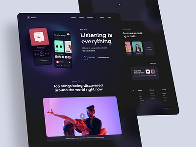 Morvo - Music Player Website app card clean dark design discover glow gradient homepage landing page listening music player playlist simple songs track ui ux website