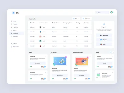 CRM - customer list clean color crm crm dashboard customer dashboad integration table ui ux
