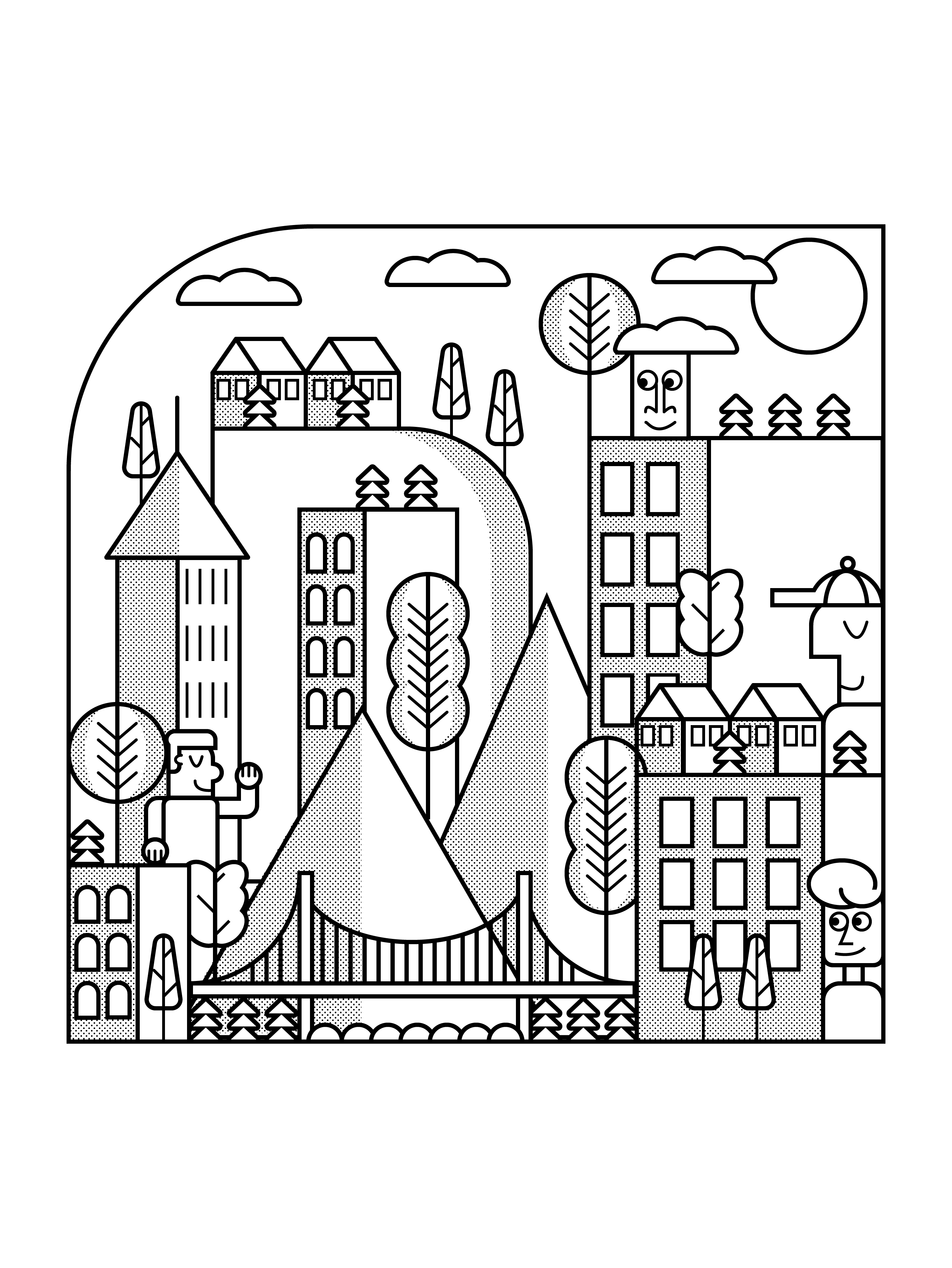 Tree City black city design graphic design illustration lines shapes trees vector white