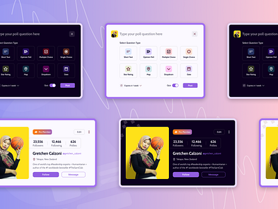 Profile and Add Questions Type Cards darkmode designagency freelance designer productdesign profile card profile page social media design social networking app theinfinitecanvas uidesign uxdesign webdesign