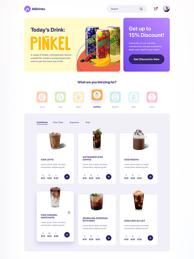 AllDrinks - One-Stop-Shop Web App for all your beverage needs. beverages coffee cold coffee design drinks ecommerce philippines portfolio soda ui ux web app web design web designer website design