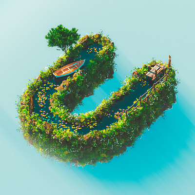 U - 36 Days of Type 08 36daysoftype 36daysoftype08 3d cinema 4d colourful flowers ghibli lake lilypad meadow river riverboat row studio ghibli summer tree vintage water wood