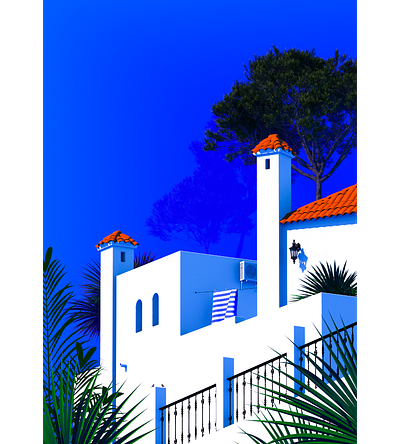 Chiminea - Dos architecture blue cinema 4d europe holiday illustration orange poster design spain summer travel poster villa vintage vintage poster