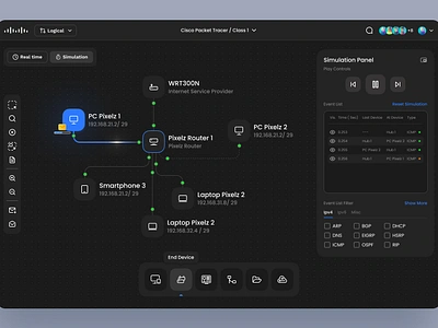 Cisco Network Simulator Redesign activity card cisco clean dark design device learning light minimalist network networking router school student task teacher topology ui webapp