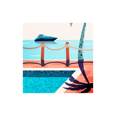 Poolside boat cozy design flatdesign illustration landscape landscape illustration minimalist minimalistic ocean oldschool palm tree pool pool party poster retro vector art