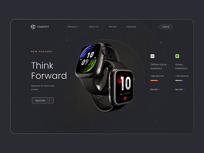 Startfit - Landing page design for smartwatch health tracker 3d activity tracker apple watch design dark theme fitness app landing page productivity app smartwatch ui ux ui design watch app web design website