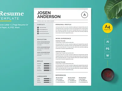 Modern and Clean Resume / CV Template clean cover letter cv cv design cv template free job job cv letter minimal minimal resume modern modern resume professional resume resume clean resume design resume template simple resume