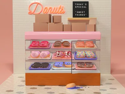 Donuts 3d illustration 3d rendering bakery character design cinema 4d creature desserts donut shop food furniture grocery store illustration interior design pastries pink sweets toy
