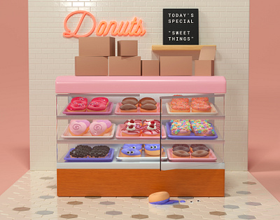 Donuts 3d illustration 3d rendering bakery character design cinema 4d creature desserts donut shop food furniture grocery store illustration interior design pastries pink sweets toy