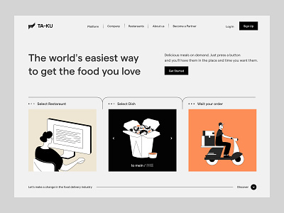 ta-ku food app: web design, illustration, catalog, hero application design food delivery hero landing page order ui ux visual identity web app web design web page web3
