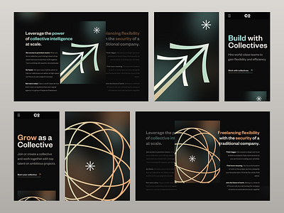 Collective • landing page illustrations branding colorful dark dark theme dark ui desktop freelance freelancer gradient header homepage illustration landing page minimal mobile ui navigation startup typography visual identity website