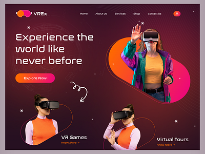 VREx - Virtual Reality Website Concept ar artificial intelligence augmented reality clean ui dark ui future game interface gradient landing page meta play game technology ui user interface ux virtual gaming virtual reality virtual world vr web design