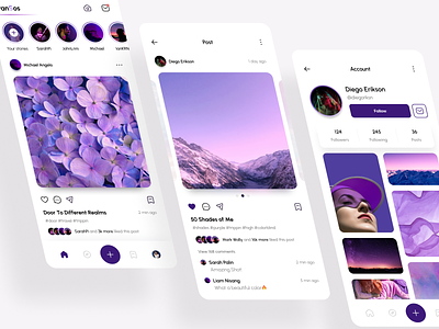 Social Media Mobile App comment design flat follow illustration like mobile mobile app post profile purple share social social media story ui ui mobile user interface ux