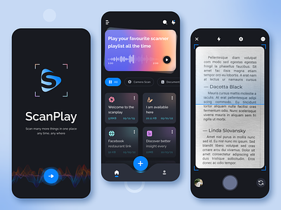 Scan Play App app application audio bright colors dark theme dark ui design documents gradient listen media minimal mobile ui play player scan typography ui uiux ux