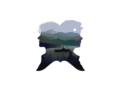 Book illustration character church illustration ireland lake landscape man mountains sea ship sunrise turquoise