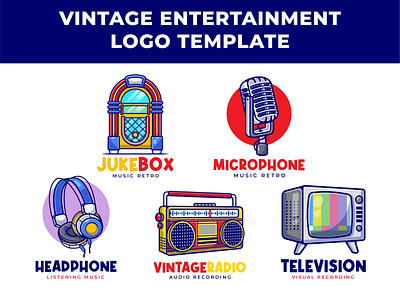 Vintage Entertainment Logo Template branding cartoon entertainment flat design headphone icon illustration joviming jukbox logo logodesign mascot microphone music radio rock rock and roll television template vintage